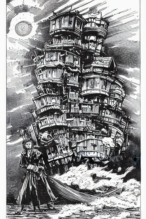 Prompt: 19th century wood-engraving of Howl's moving castle, whole page illustration from Jules Verne book, art by Édouard Riou Jules Férat and Henri de Montaut,, high quality, beautiful, highly detailed, removed watermarks