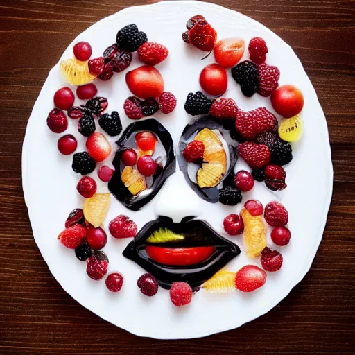 Image similar to beautiful photo a face made of fruit pieces, on a white plate, dslr