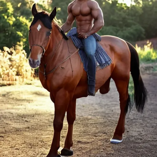 Image similar to hispanic, brown skin, powerful bulging muscles, horse hair, full body photo, golden hour