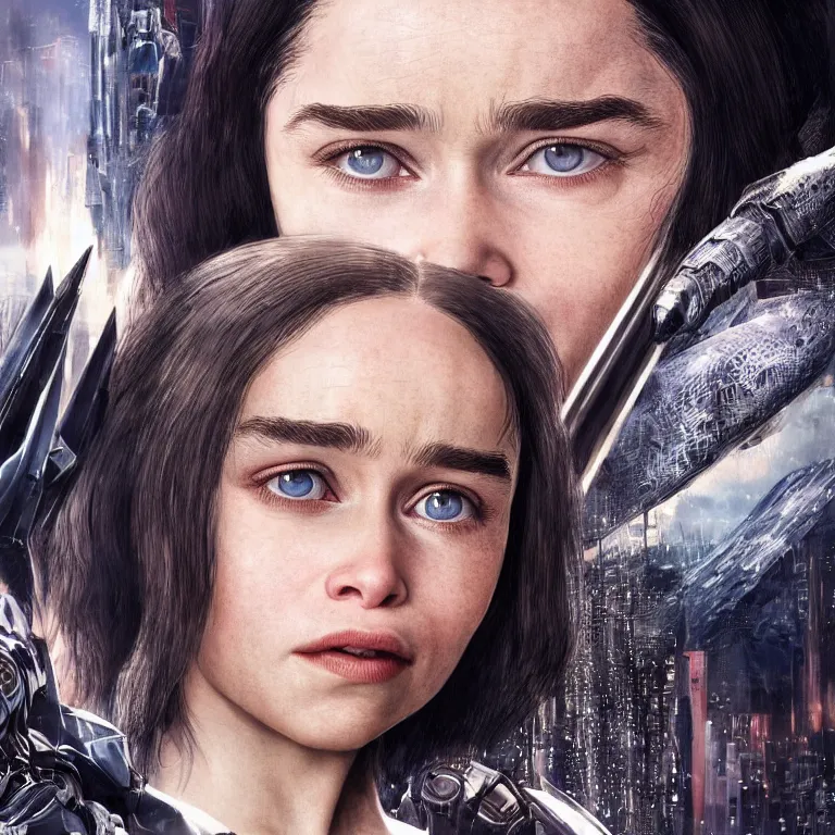 Prompt: scifi emilia clarke looks like alita battle angel, elegant lady, big eyes, smiling face, extremely high detail, extremely high detailed face, cyborg, photorealism, emilia clarke, sony a 7 r