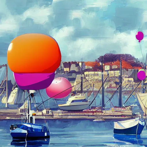 Image similar to digital art of a port in bretagne with giant birthday balloons, artstation cgsociety masterpiece