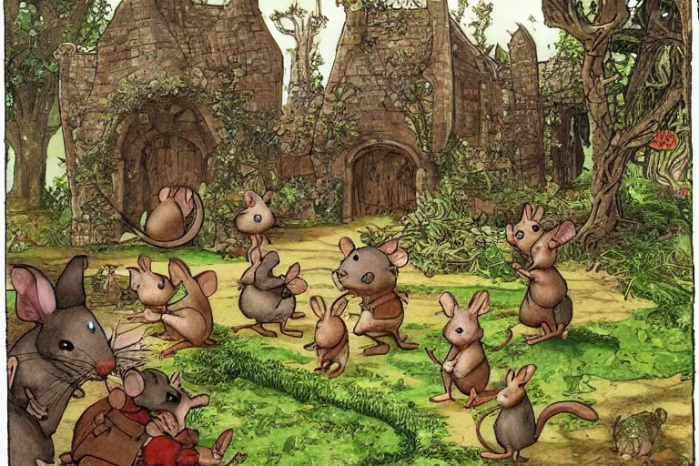 Prompt: an elaborate and dense scene from redwall abbey in mossflower wood with lots of medieval anthropomorphic mice and rabbits and otters, detailed by brian jacques and greg rutowski