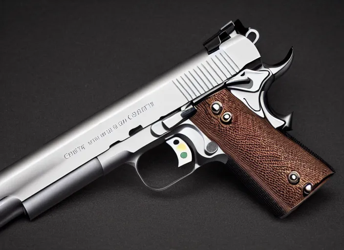 Prompt: Dark-toned product photos, Colt M1911 Pistol in chromium metal, 4K, Vintage