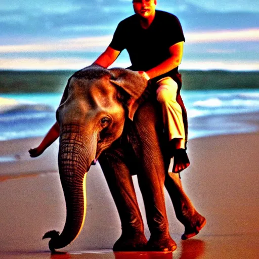 Prompt: leonardo dicaprio riding an elephant on beach at sunset romantic lighting