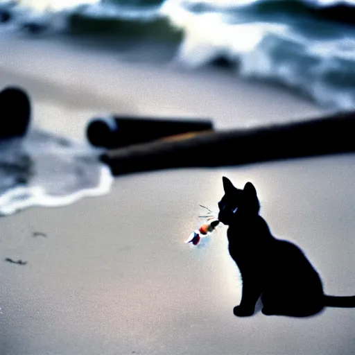 Image similar to a cat lighting a cigar on a beach in 1980, 30mm film