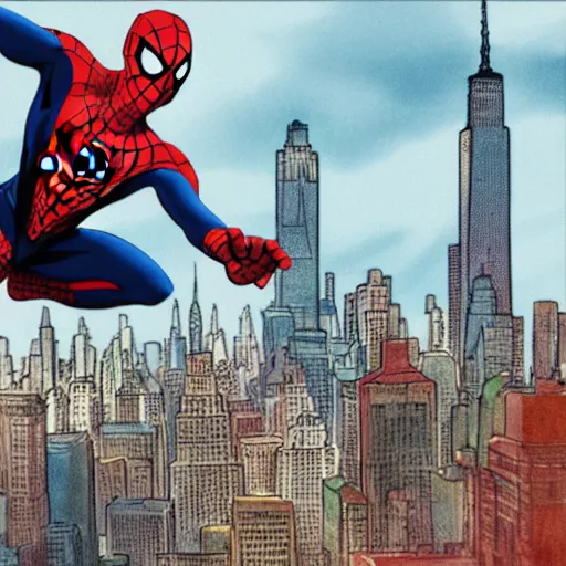 Prompt: spiderman swing on the new york, marvel illustration, by ghibli