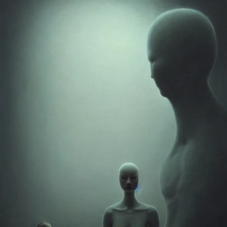 Prompt: portrait of ribbed alien wearing white ribbed vr headset, by beksinski, soft bloom lucid dream - like ethereal dark atmosphere, baroque portrait painting, perfect composition, intricate detailed octane render trending on artstation, 8 k artistic photography, volumetric cinematic perfect light, chiaroscuro, masterpiece, raphael, caravaggio, rutkowski, beeple, bosch