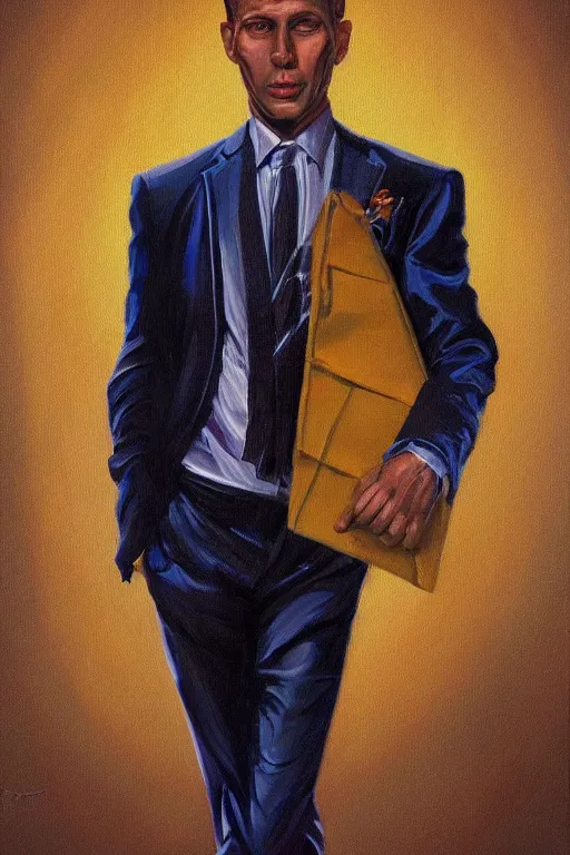 Image similar to a painting of a man wearing a suit and tie, a character portrait by Vladimir Tretchikoff, cyberpunk art by József Borsos, trending on Artstation, digital painting, digital illustration, vaporware