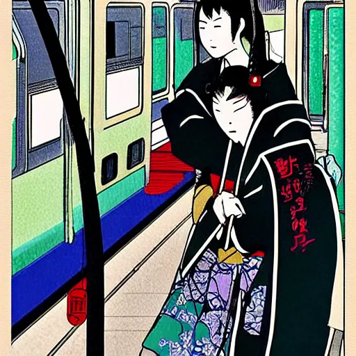 Image similar to Japanese schoolgirl runs away from Samurai with a katana on the subway by Toshio Saeki, high detailed