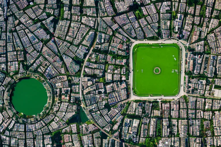 Prompt: satellite photography of a city with a square green park in the middle.