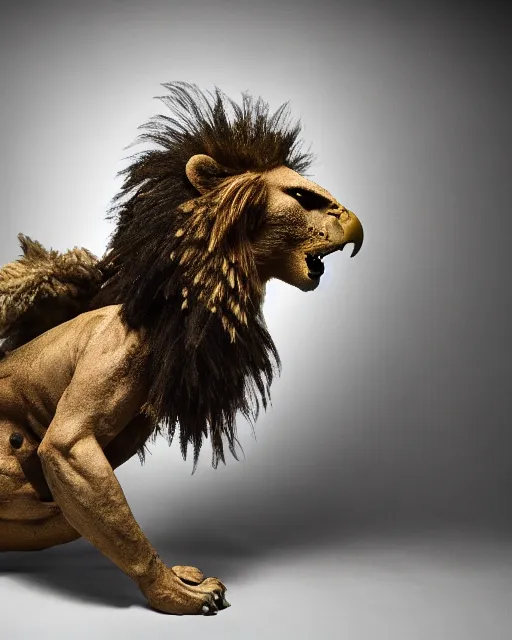 Prompt: full body photograph of a hybrid creature that has the head of a man, the body of a lion, the wings of an eagle and the tail of scorpion 5 0 mm, studio lighting, in the style of national geographic