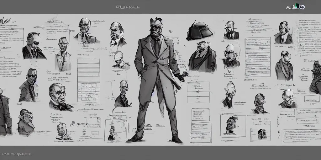 Image similar to alfred pennyworth, character sheet, concept design, contrast, kim jung gi, greg rutkowski, zabrocki, karlkka, jayison devadas, trending on artstation, 8 k, ultra wide angle, pincushion lens effect