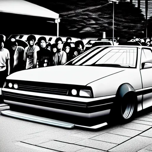 Image similar to a car bosozoku at illegal car meet, Chiba prefecture, city mist softlight, photorealistic, highly detailed, 85MM