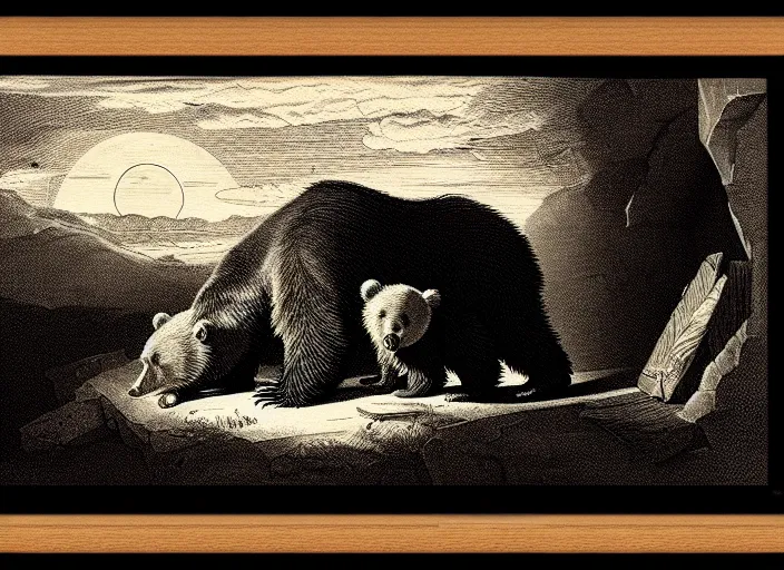 Image similar to Pieter Claesz's 'a bear and her cub sleeping in a dark cave, lit by hole in roof', night time, cross hatching, backlit, beautiful wooden frame, monochrome, colours of the sunset