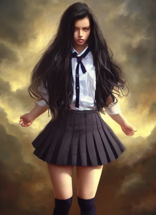 Image similar to a beautiful woman with school uniform, seifuku, pleated miniskirt, overknee socks, adriana lima, painted by artgerm and tom bagshaw, fantasy art, dramatic lighting, highly detailed oil painting, volumetric lighting