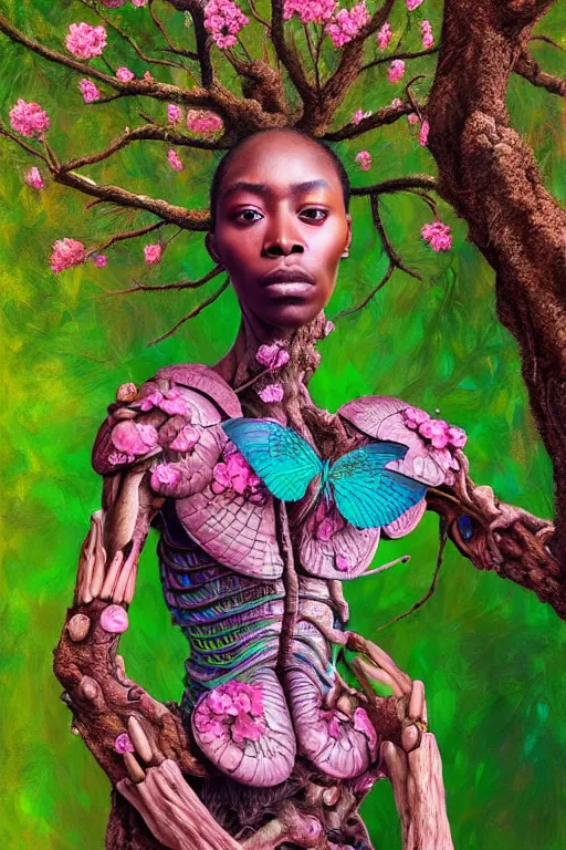 Prompt: hyperrealistic post - renaissance masterpiece super expressive! yoruba goddess with exoskeleton armor, merging with tree in a forest, pink flowers, highly detailed digital art cinematic, smooth cam de leon eric zener dramatic pearlescent soft teal light, ground angle hd 8 k, sharp focus