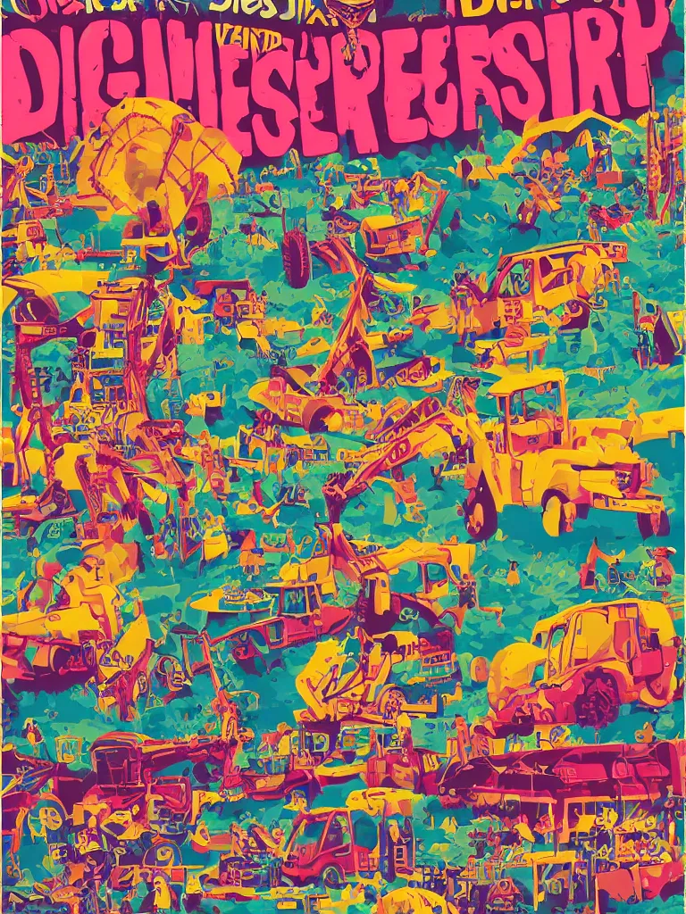 Prompt: poster for a summer festival called diggerfest in the united kingdom, rdigger land, really good vibes, colorful, construction, friends