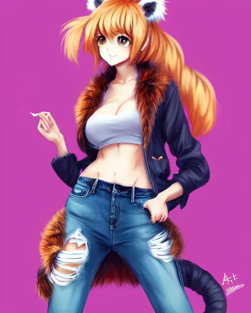 Image similar to fullbody portrait of anthropomorphic half - tiger fluffy cute anime woman in jeans coat, concept art, anime art, by a - 1 picture, trending on artstation artgerm, ross tran, wlop, marc davis