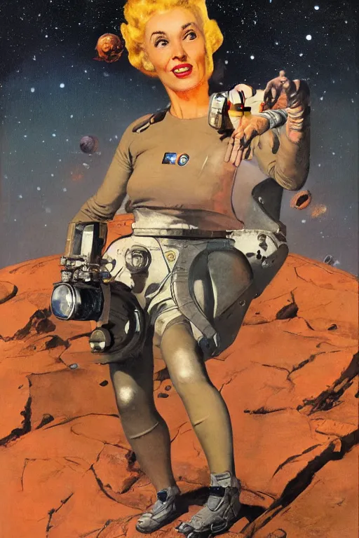 Image similar to 5 0 s pulp scifi fantasy illustration full body portrait slim woman on rocky mars, background of spaceship space nebula, by norman rockwell, roberto ferri, daniel gerhartz, edd cartier, jack kirby, howard v brown, ruan jia, tom lovell, frank r paul, jacob collins, dean cornwell, astounding stories, amazing, fantasy, other worlds