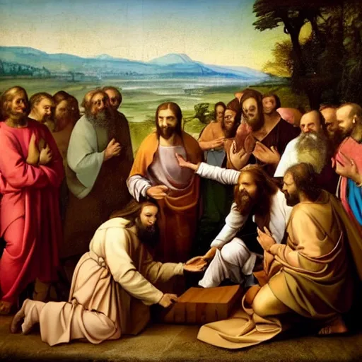 Prompt: renaissance painting jesus starting a cult with a bunch of hill billies