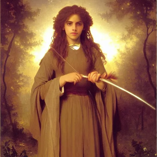 Prompt: Oil painting of Hermione Granger with wand by William-Adolphe Bouguereau, dark woodland, shadows, slim shaft of sunlight, soft details, enchanted glow, fireflies, 8k