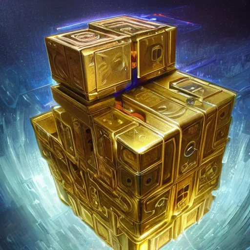 Image similar to hyper realistic golden quantum computer in the shape of a giant cube the size of a city , art by artery and Greg Rutkowski and alphonse mucha, sci-fi, fantasy, intricate, ornate, very very intimidating , highly detailed, digital painting, artstation, concept art, smooth, sharp focus, illustration