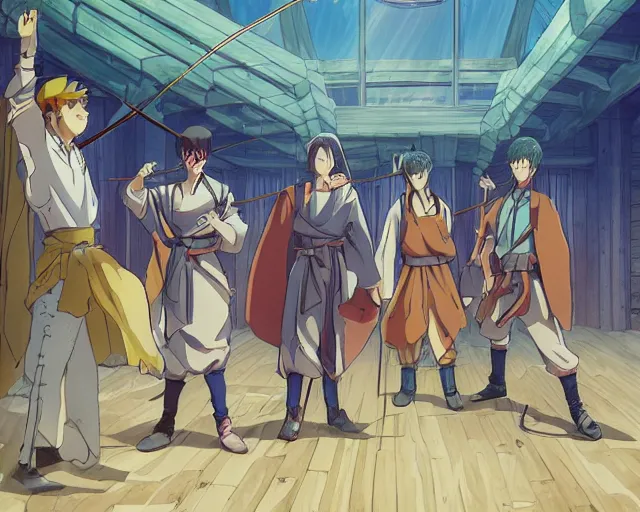 Prompt: cell shaded anime key visual of a group apprentice wizards training in an archery dojo in the style of studio ghibli, moebius, ayami kojima, makoto shinkai, dramatic lighting, clean lines