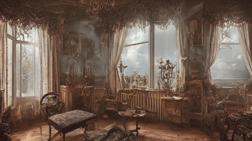 Prompt: richly decorated Victorian house, modern, beautiful, detailed wood, photorealistic, photorealism, lightning, clouds, smoke, the autumn light comes in through a window, diffuse light, vivid cybernetics