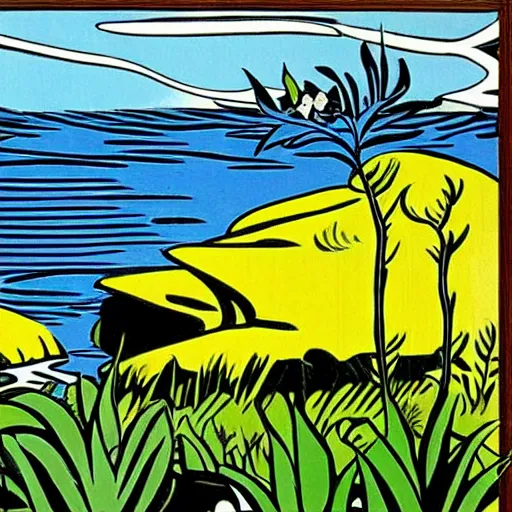 Prompt: painting of a lush natural scene on an alien planet by roy lichtenstein. beautiful landscape. weird vegetation. cliffs and water.