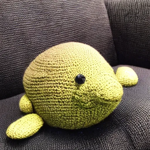 Image similar to a closeup photorealistic smiling knitted plush turtle wearing a fedora hat.