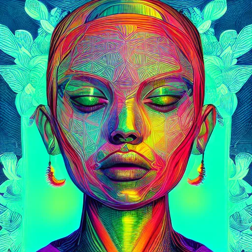 Prompt: the head of a beautiful woman partially made of rainbows, an ultrafine detailed illustration by james jean, final fantasy, intricate linework, bright colors, behance contest winner, vanitas, angular, altermodern, unreal engine 5 highly rendered, global illumination, radiant light, detailed and intricate environment