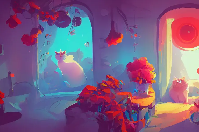 Prompt: a cat is sleeping in the room with flowers around in the afternoon, the sun shines in, by anton fadeev