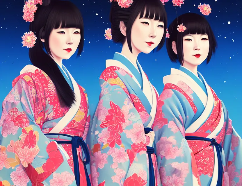 Image similar to two beautiful charming japan girls wear arty kimono in festival | | sunny night, full moon, dreamlike art, realistic shaded, smile, good looking, hyper details, 4 k realistic, cryengine, realistic shaded lighting poster by ilya kuvshinov, fuji choko, ross tran, 8 k resolution, trending on artstation, luxury