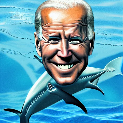 Image similar to joe biden sharkman swimming underwater, shark - human face, impressionism