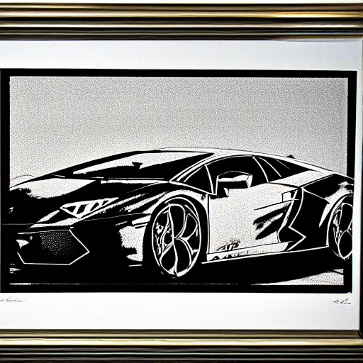 Image similar to a portrait of a Lamborghini, made by Andy Warhol, two tone, very high contrast, only black and white, simplistic, extremely high contrast, two tone, notan art, by Andy Warhol, minimalistic,