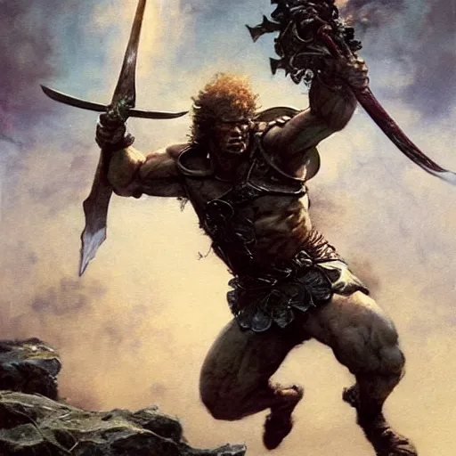 Image similar to Steve Brule running into battle holding a sword, by Frank Frazetta, Greg Rutkowski, Boris Vallejo, epic fantasy character art, Exquisite detail, elven armor, post-processing, low angle, masterpiece, cinematic