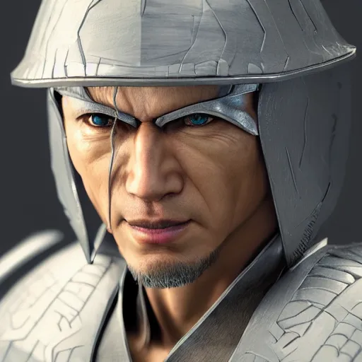 Image similar to hyper realistic, highly detailed hybrid of raiden from mortal kombat, and raiden from metal gear solid wearing a conical rice hat. portrait, stephen bliss, unreal engine, greg rutkowski, beeple global illumination, translucent, sub - surface scattering, detailed and intricate environment