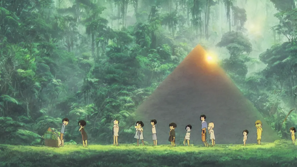 Image similar to a movie still from a studio ghibli film showing a glowing pyramid in the rainforest. a group of heroes train martial arts on a misty starry night. by studio ghibli