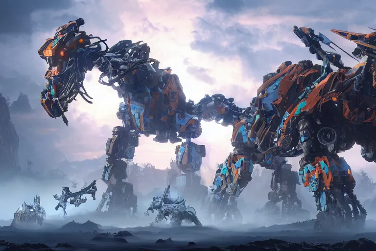 Image similar to stalker machine mecha animal beast robot of horizon forbidden west horizon zero dawn bioluminiscence global illumination ray tracing hdr fanart arstation by sung choi and eric pfeiffer and gabriel garza and casper konefal