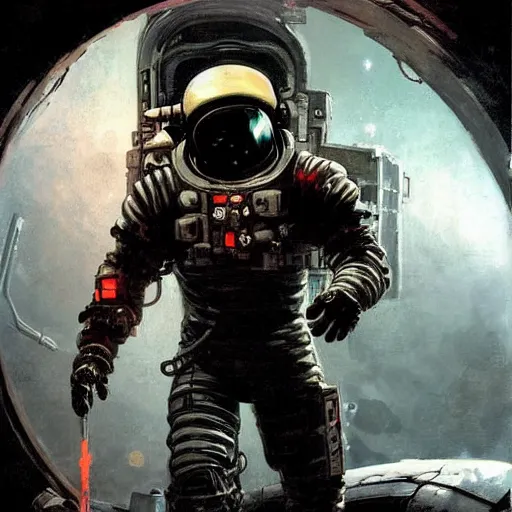 Image similar to Cyberpunk Dead Space themed Astronaut stepping out of an airlock, detailed illustration, Industrial Scifi, by Frank Frazetta and Martin Grip