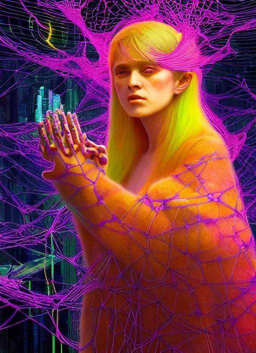 Image similar to hyper detailed 3d render like a Oil painting - Aurora (evocative cyberpunk and oil rainbow faced Singer) seen Eating of the Strangling network of yellowcake aerochrome and milky Fruit and Her delicate Hands hold of gossamer polyp blossoms bring iridescent fungal flowers whose spores black out the foolish stars by Jacek Yerka, Mariusz Lewandowski, Houdini algorithmic generative render, Abstract brush strokes, Masterpiece, Edward Hopper and James Gilleard, Zdzislaw Beksinski, Mark Ryden, Wolfgang Lettl, hints of Yayoi Kasuma, octane render, 8k