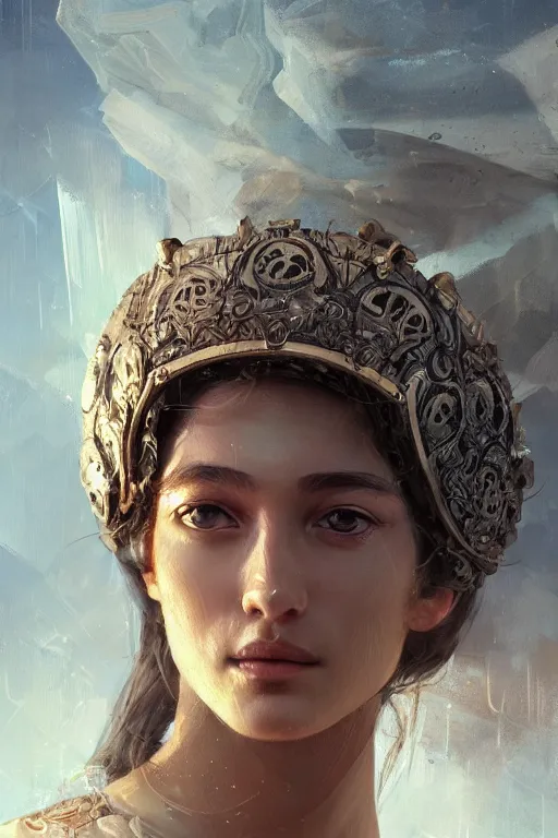 Image similar to greek goddess of ai art, close - up portrait, powerfull, intricate, elegant, volumetric lighting, scenery, digital painting, highly detailed, artstation, sharp focus, illustration, concept art, ruan jia, steve mccurry