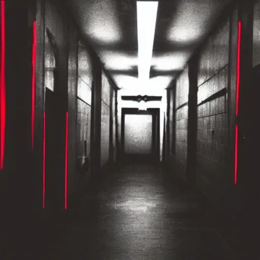 Image similar to photograph of an extremely dark narrow hallway with glowing humanoid monster made out of tv static, dark deep black shadows, red and black color contrast in the style of trevor henderson