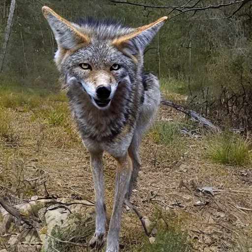 Prompt: trailcam footage of native weird distorted body Skinwalker transforming into a coyote