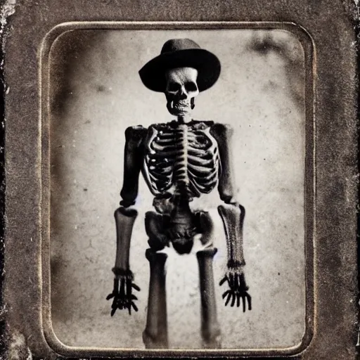 Image similar to tintype photograph of an renegade skeleton cowboy outlaw at the bar in a dusty old west town saloon, volumetric lighting, cinematic, bokeh