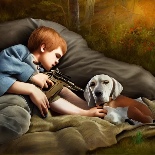 Image similar to a boy dreaming in bed, surrounded by a forest, with his trusty hunting dog and rifle, digital painting, photo - realism, sharp focus