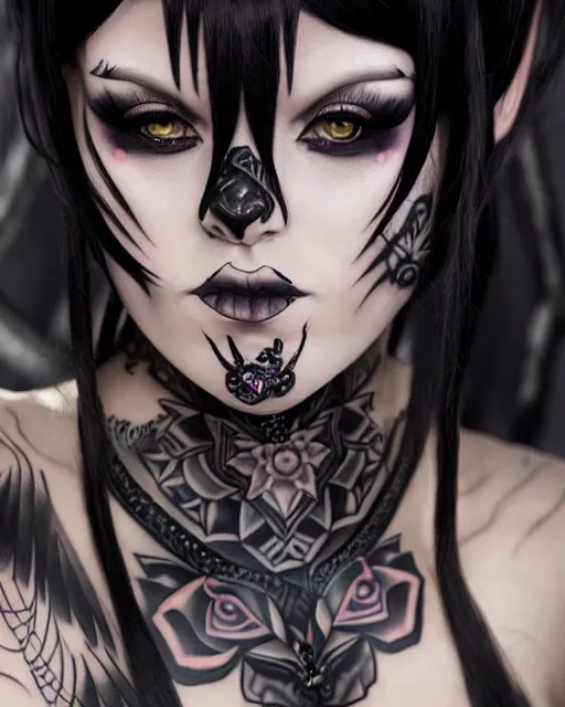 Image similar to portrait of beautiful fully tattooed goth girl cosplay with black hair, black makeup, bikini armor, art by stanley lau and artgem and wlop and magali villeneuve