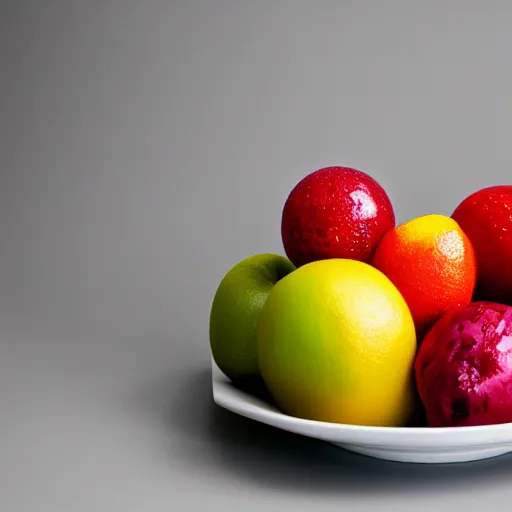 Prompt: Photograph of fruit from another planet, vibrant, studio lighting, white background, f/4.5, 50 mm, 1/100 sec, ISO-250