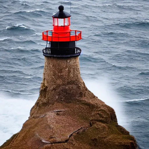 Prompt: close up of light house on cliffs with rough seas and high waves, stormy unreal 5