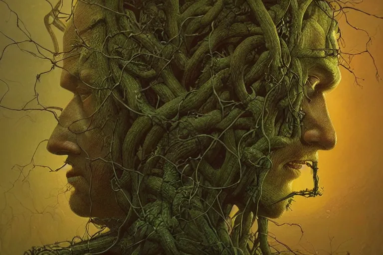 Image similar to an extremely high quality hd, a digital painting of a man with a head full of vines, cyberpunk art by beksinski, featured on zbrush central, fantasy art, apocalypse art, artstation hq, zbrush, 8 k, ultra realistic, very realistic